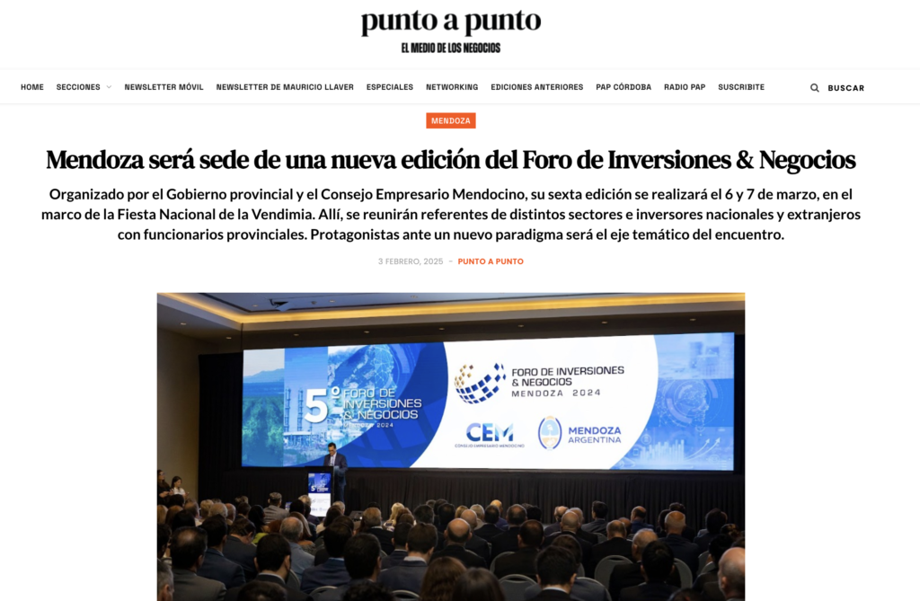 Organised by the provincial government and the Mendoza Business Council, its sixth edition will be held on 6 and 7 March, within the framework of the National Grape Harvest Festival. The event will bring together representatives from different sectors and national and foreign investors with provincial officials. Protagonists facing a new paradigm will be the thematic axis of the meeting.